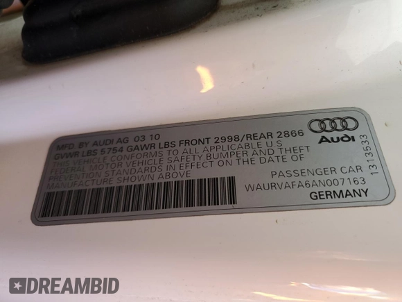 2010 Audi A8 with VIN WAURVAFA6AN007163, listed as a Copart auction lot 81377074 with 158,919 mi miles and Clean title. Bid and sale history available at DreamBid. Image 12.