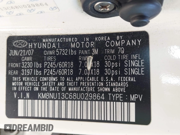 2008 Hyundai Veracruz GLS with VIN KM8NU13C68U029864, listed as a IAAI auction lot 42595094 with 219,131 mi miles and . Bid and sale history available at DreamBid. Image 9.