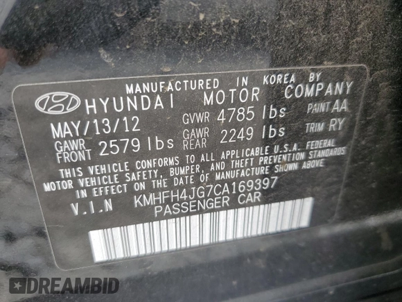 2012 Hyundai Azera с VIN KMHFH4JG7CA169397, выставлен на аукционе Copart как лот 55415055 с пробегом 138 207 миль миль и Списание • Salvage title. История ставок и продаж доступна на DreamBid. Изображение 12.