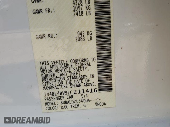 2020 Nissan Altima S with VIN 1N4BL4BV9LC211416, listed as a Copart auction lot 50878935 with 162,956 mi miles and Salvage title. Bid and sale history available at DreamBid. Image 12.