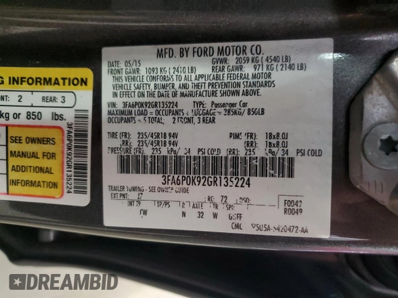 2016 Ford Fusion Titanium with VIN 3FA6P0K92GR135224, listed as a Copart auction lot 55074045 with 154,740 mi miles and Clean Title. Bid and sale history available at carsss.com. Image 12.