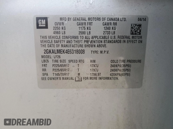 2014 GMC Terrain SLE with VIN 2GKALMEK4E6318008, listed as a Copart auction lot 55818745 with 74,481 mi miles and Salvage Title. Bid and sale history available at DreamBid. Image 13.