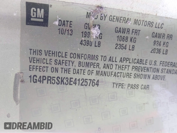 2014 Buick Verano Convenience Group with VIN 1G4PR5SK3E4125764, listed as a IAAI auction lot 41628352 with 168,217 mi miles. Bid and sale history available at carsss.com. Image 9.