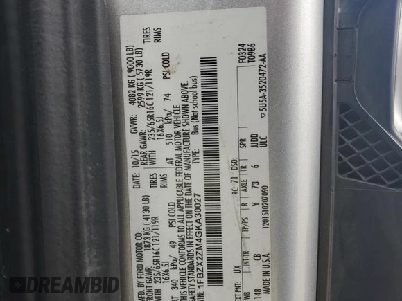 2016 Ford Transit Wagon XL with VIN 1FBZX2ZM4GKA30027, listed as a Copart auction lot 86151314 with 0 mi miles and Salvage Title. Bid and sale history available at carsss.com. Image 13.