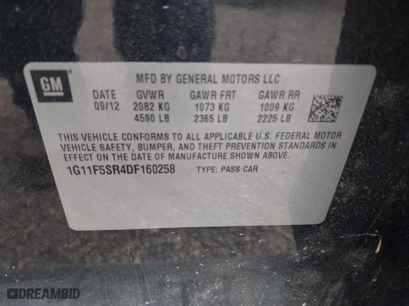 2013 Chevrolet Malibu ECO with VIN 1G11F5SR4DF160258, listed as a IAAI auction lot 41903858 with 115,737 mi miles. Bid and sale history available at carsss.com. Image 9.