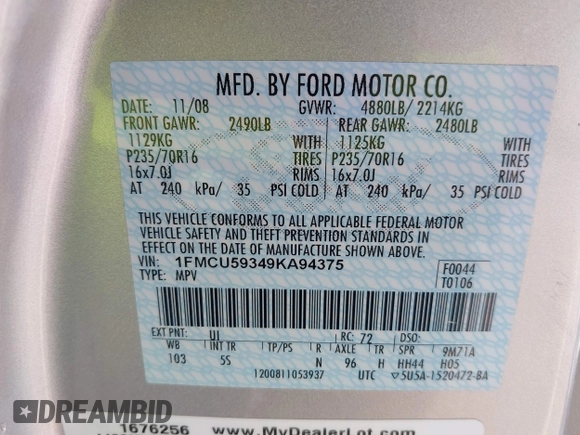 2009 Ford Escape Hybrid with VIN 1FMCU59349KA94375, listed as a IAAI auction lot 41865743 with 127,538 mi miles and . Bid and sale history available at DreamBid. Image 9.