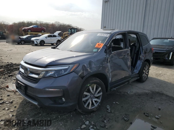 2020 Honda Pilot EX-L z VIN 5FNYF6H51LB008604, wystawiony jako Copart lot #53036295 z przebiegiem Nie podano mil oraz Szkoda całkowita • Salvage title. Historia ofert i sprzedaży dostępna na DreamBid. Obrazek 1.