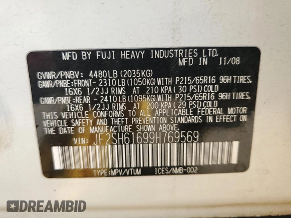 2009 Subaru Forester X with VIN JF2SH61699H769569, listed as a Copart auction lot 61189925 with 163,977 mi miles and Salvage title. Bid and sale history available at DreamBid. Image 13.