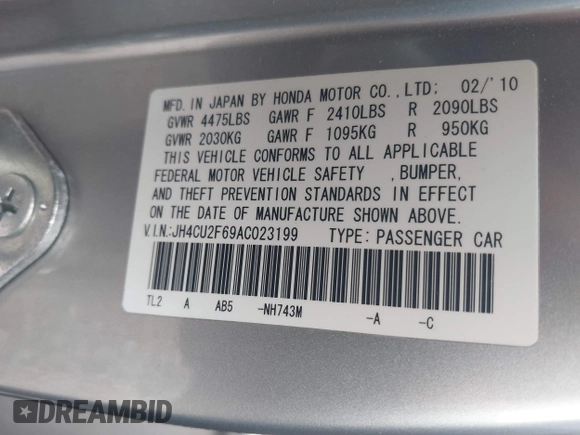 2010 Acura TSX with VIN JH4CU2F69AC023199, listed as a IAAI auction lot 42510126 with 105,309 mi miles and . Bid and sale history available at DreamBid. Image 9.