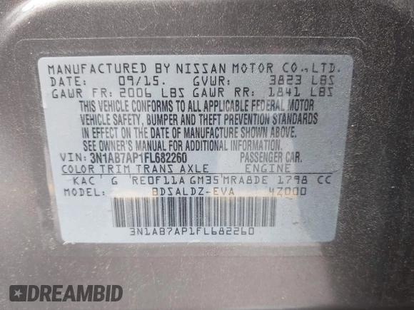 2015 Nissan Sentra SR with VIN 3N1AB7AP1FL682260, listed as a IAAI auction lot 41897678 with 111,125 mi miles and . Bid and sale history available at DreamBid. Image 9.