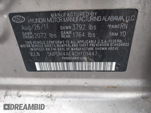 2012 Hyundai Elantra Limited z VIN 5NPDH4AE4CH101447, wystawiony jako IAAI lot #42293492 z przebiegiem 211 189 mil mil oraz . Historia ofert i sprzedaży dostępna na DreamBid. Obrazek 9.