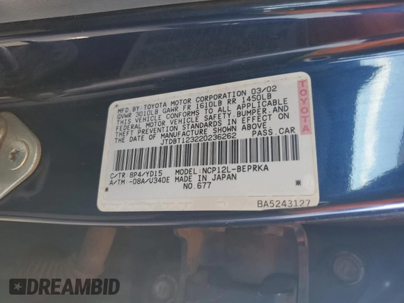2002 Toyota ECHO with VIN JTDBT123220236262, listed as a Copart auction lot 66668384 with 190,772 mi miles and Clean Title. Bid and sale history available at DreamBid. Image 12.