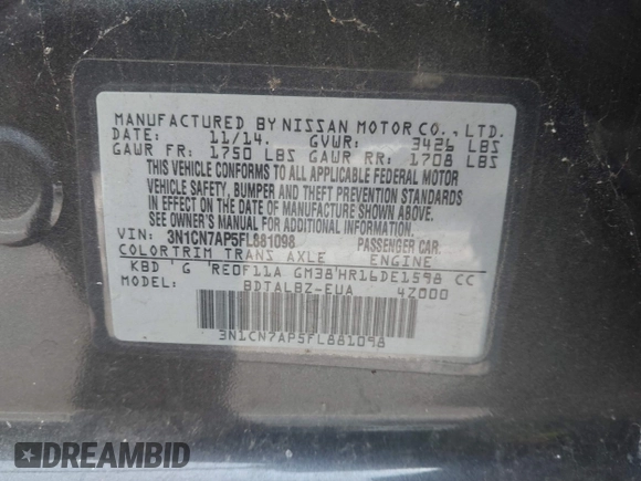 2015 Nissan Versa S Plus with VIN 3N1CN7AP5FL881098, listed as a IAAI auction lot 41708427 with 109,070 mi miles and . Bid and sale history available at DreamBid. Image 9.