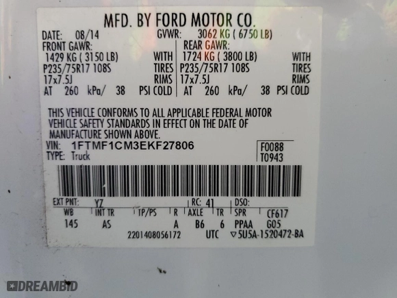 2014 Ford F-150 XL with VIN 1FTMF1CM3EKF27806, listed as a Copart auction lot 51013785 with 167,414 mi miles and Salvage Title. Bid and sale history available at carsss.com. Image 12.