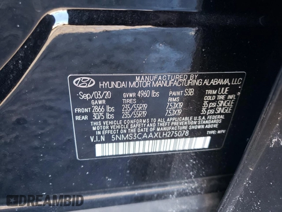 2020 Hyundai Santa Fe SEL with VIN 5NMS3CAAXLH275078, listed as a Copart auction lot 42178595 with 49,491 mi miles and Salvage Title. Bid and sale history available at carsss.com. Image 13.