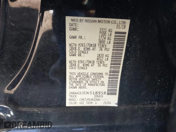 2018 Nissan Titan SV z VIN 1N6AA1EJ0JN518958, wystawiony jako IAAI lot #42505721 z przebiegiem 122 487 mil mil oraz . Historia ofert i sprzedaży dostępna na DreamBid. Obrazek 9.