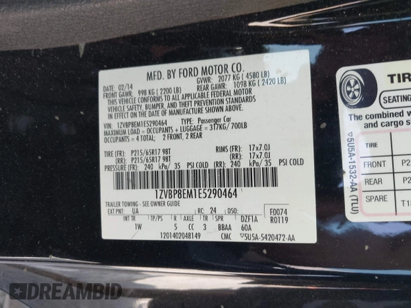 2014 Ford Mustang V6 with VIN 1ZVBP8EM1E5290464, listed as a IAAI auction lot 40291223 with 134,898 mi miles. Bid and sale history available at carsss.com. Image 9.