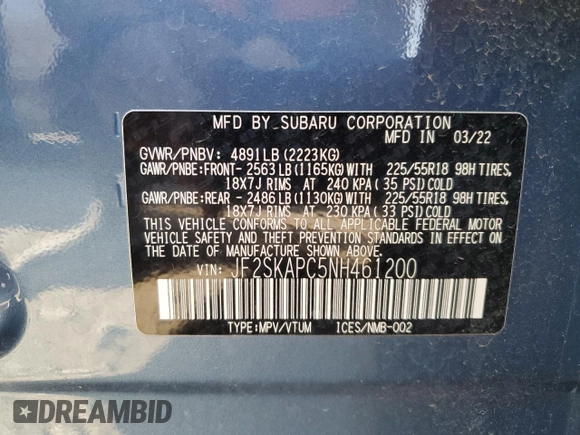 2022 Subaru Forester Limited with VIN JF2SKAPC5NH461200, listed as a Copart auction lot 48054935 with 12,037 mi miles and Salvage Title. Bid and sale history available at carsss.com. Image 12.