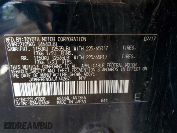 2017 Toyota RAV4 LE with VIN JTMBFREV0HJ174267, listed as a Copart auction lot 59146155 with 116,032 mi miles and Salvage title. Bid and sale history available at DreamBid. Image 13.