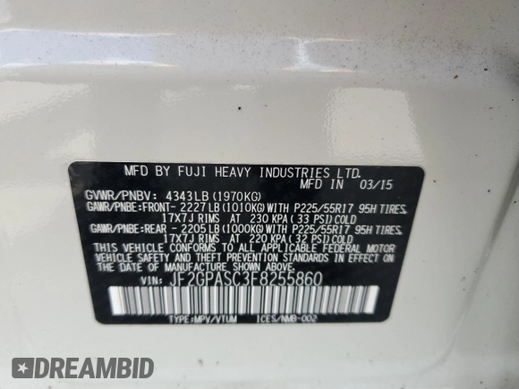 2015 Subaru Crosstrek Limited with VIN JF2GPASC3F8255860, listed as a Copart auction lot 57894815 with 39,512 mi miles and Salvage title. Bid and sale history available at DreamBid. Image 12.
