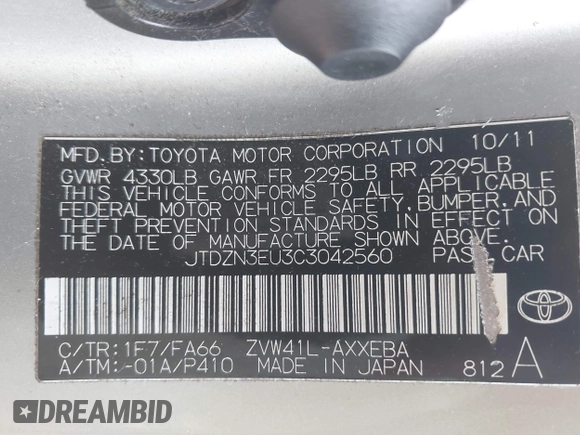 2012 Toyota Prius Two z VIN JTDZN3EU3C3042560, wystawiony jako IAAI lot #42409918 z przebiegiem 182 875 mil mil oraz . Historia ofert i sprzedaży dostępna na DreamBid. Obrazek 9.