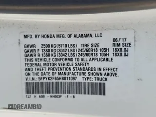 2017 Honda Ridgeline RTL-T with VIN 5FPYK2F65HB011097, listed as a Copart auction lot 63687965 with 186,157 mi miles and Salvage title. Bid and sale history available at DreamBid. Image 12.