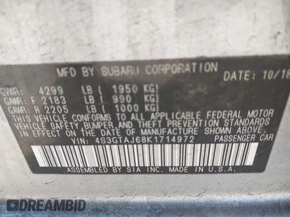 2019 Subaru Impreza Special Sports with VIN 4S3GTAJ68K1714972, listed as a IAAI auction lot 41675887 with 97,837 mi miles and . Bid and sale history available at DreamBid. Image 9.