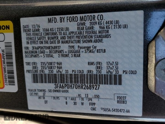 2017 Ford Fusion SE с VIN 3FA6P0H70HR268927, выставлен на аукционе Copart как лот 82872364 с пробегом 60 286 миль миль и Списание • Salvage title. История ставок и продаж доступна на DreamBid. Изображение 12.