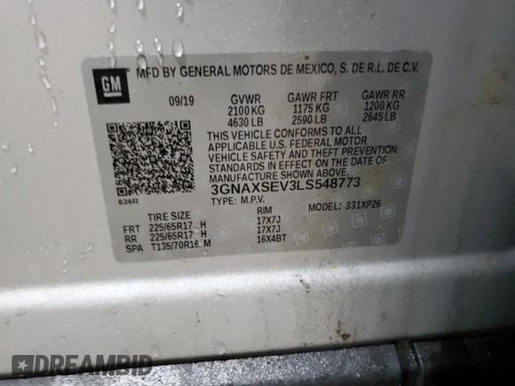 2020 Chevrolet Equinox LS z VIN 3GNAXSEV3LS548773, wystawiony jako Copart lot #87158264 z przebiegiem 41 708 mil mil oraz Szkoda całkowita • Salvage title. Historia ofert i sprzedaży dostępna na DreamBid. Obrazek 12.