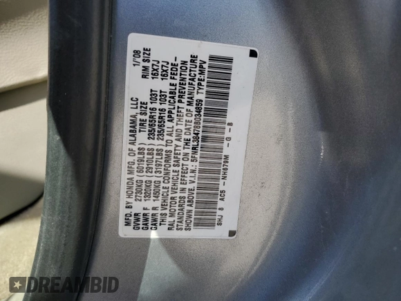 2008 Honda Odyssey EX with VIN 5FNRL38478B034859, listed as a Copart auction lot 53315095 with 212,467 mi miles and Salvage Title. Bid and sale history available at DreamBid. Image 13.