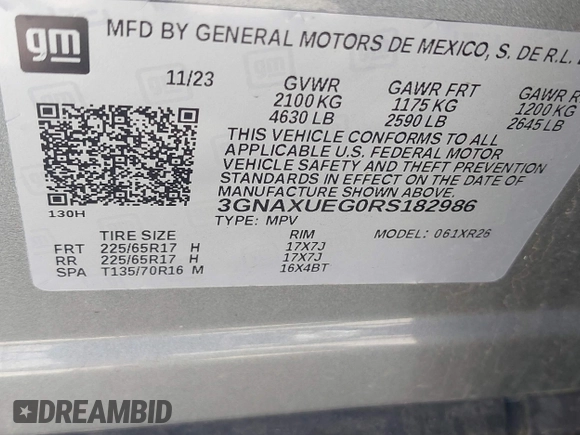 2024 Chevrolet Equinox LT with VIN 3GNAXUEG0RS182986, listed as a IAAI auction lot 42151718 with Not Provided miles and . Bid and sale history available at DreamBid. Image 9.