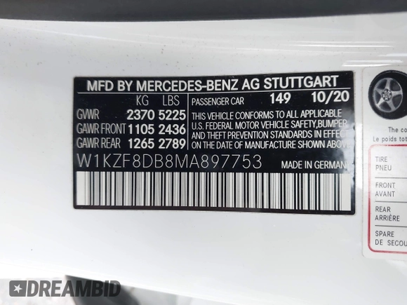 2021 Mercedes-Benz E-Class E 350 with VIN W1KZF8DB8MA897753, listed as a IAAI auction lot 41335129 with 76,873 mi miles. Bid and sale history available at carsss.com. Image 9.