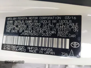 2016 Toyota Prius One with VIN JTDKDTB3XG1125307, listed as a IAAI auction lot 42030180 with 101,004 mi miles and . Bid and sale history available at DreamBid. Image 9.