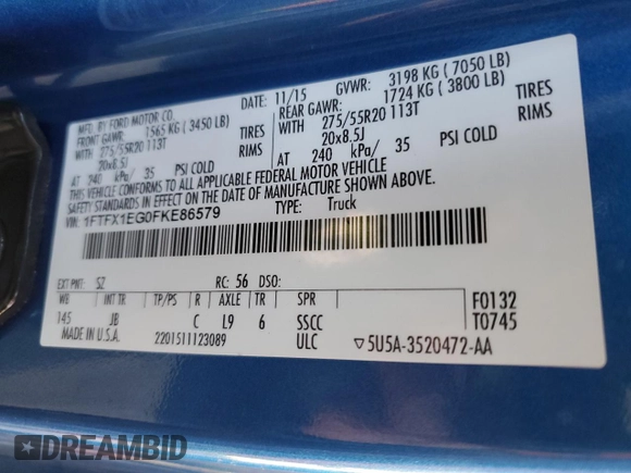 2015 Ford F-150 XLT with VIN 1FTFX1EG0FKE86579, listed as a Copart auction lot 47686495 with Not Provided miles and Salvage Title. Bid and sale history available at carsss.com. Image 12.