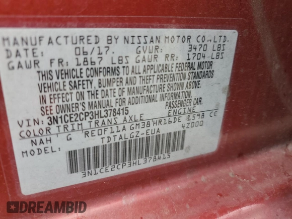 2017 Nissan Note SR with VIN 3N1CE2CP3HL378415, listed as a Copart auction lot 51512955 with 102,246 mi miles and Salvage Title. Bid and sale history available at DreamBid. Image 14.