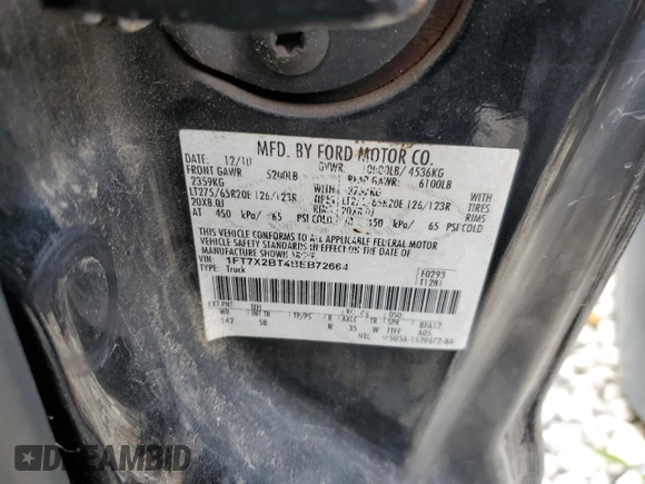 2011 Ford F-250 XL with VIN 1FT7X2BT4BEB72664, listed as a Copart auction lot 59959775 with 222,421 mi miles and Salvage title. Bid and sale history available at DreamBid. Image 13.