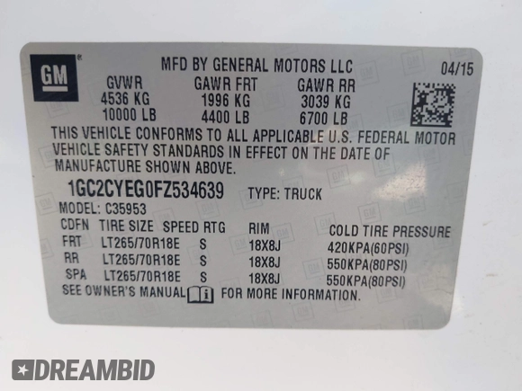 2015 Chevrolet Silverado 3500HD with VIN 1GC2CYEG0FZ534639, listed as a IAAI auction lot 42080526 with 245,795 mi miles and . Bid and sale history available at DreamBid. Image 9.