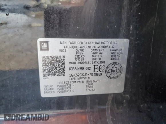2019 GMC Yukon Denali with VIN 1GKS2CKJ9KR148869, listed as a Copart auction lot 46492895 with 0 mi miles and Salvage Title. Bid and sale history available at carsss.com. Image 13.