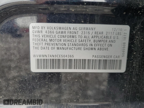 2012 Volkswagen CC Sport z VIN WVWMN7AN9CE504365, wystawiony jako Copart lot #55343235 z przebiegiem 138 320 mil mil oraz Szkoda całkowita • Salvage title. Historia ofert i sprzedaży dostępna na DreamBid. Obrazek 12.