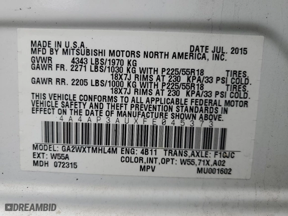 2015 Mitsubishi Outlander Sport ES with VIN 4A4AP3AUXFE045373, listed as a Copart auction lot 53235695 with 160,600 mi miles and Clean Title. Bid and sale history available at carsss.com. Image 13.