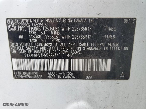 2016 Toyota RAV4 LE with VIN 2T3ZFREV4GW288741, listed as a Copart auction lot 51316285 with 115,044 mi miles and Salvage Title. Bid and sale history available at carsss.com. Image 13.