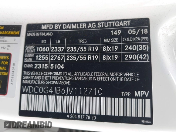 2018 Mercedes-Benz GLC 300 with VIN WDC0G4JB6JV112710, listed as a IAAI auction lot 42253994 with 82,430 mi miles and . Bid and sale history available at DreamBid. Image 9.