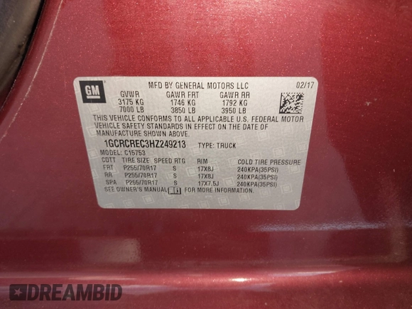 2017 Chevrolet Silverado 1500 LT with VIN 1GCRCREC3HZ249213, listed as a IAAI auction lot 41762713 with 84,420 mi miles and . Bid and sale history available at DreamBid. Image 9.