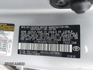 2007 Toyota Camry LE with VIN 4T1BK46K67U522312, listed as a IAAI auction lot 42074056 with 177,675 mi miles and . Bid and sale history available at DreamBid. Image 9.