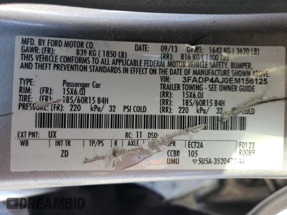 2014 Ford Fiesta S с VIN 3FADP4AJ0EM156125, выставлен на аукционе Copart как лот 55044945 с пробегом 91 921 миль миль и Списание • Salvage title. История ставок и продаж доступна на DreamBid. Изображение 12.
