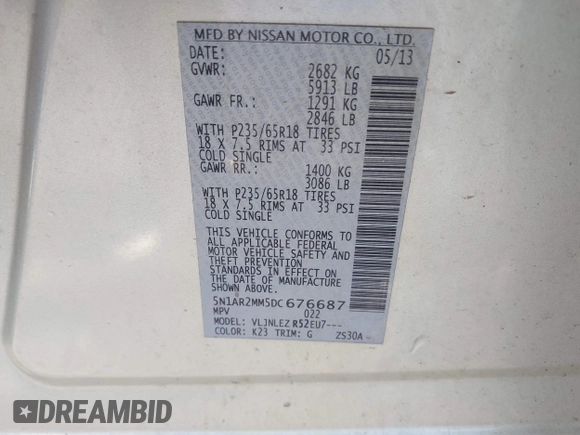 2013 Nissan Pathfinder Platinum with VIN 5N1AR2MM5DC676687, listed as a IAAI auction lot 42178495 with 71,937 mi miles and . Bid and sale history available at DreamBid. Image 9.