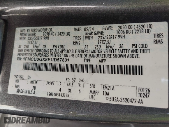2014 Ford Escape SE with VIN 1FMCU0GX8EUD57801, listed as a IAAI auction lot 41856252 with 136,980 mi miles. Bid and sale history available at carsss.com. Image 9.
