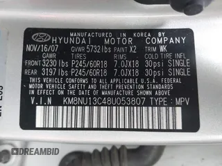 2008 Hyundai Veracruz GLS z VIN KM8NU13C48U053807, wystawiony jako IAAI lot #42378341 z przebiegiem 82 864 mil mil oraz . Historia ofert i sprzedaży dostępna na DreamBid. Obrazek 9.
