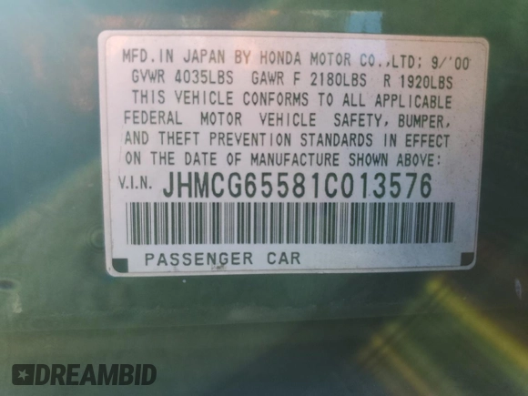 2001 Honda Accord z VIN JHMCG65581C013576, wystawiony jako Copart lot #77839024 z przebiegiem 308 265 mil mil oraz Szkoda całkowita • Salvage title. Historia ofert i sprzedaży dostępna na DreamBid. Obrazek 13.