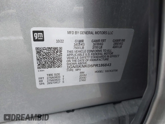 2023 Chevrolet Tahoe LT z VIN 1GNSKNKD5PR186843, wystawiony jako IAAI lot #41288404 z przebiegiem 38 690 mil mil oraz . Historia ofert i sprzedaży dostępna na DreamBid. Obrazek 9.